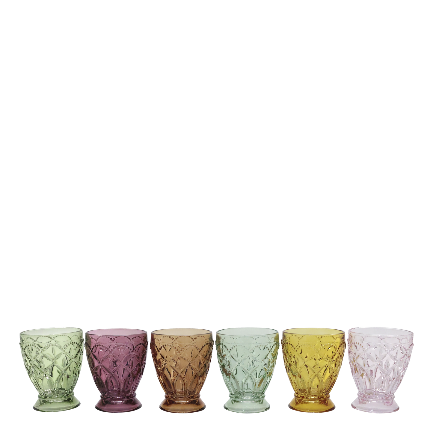 Saint-Émilion Vandglas m. mønster H10/Ø8 cm assorterede farver i designet "Kalejdoskopt" - Prisen er for 6 glas