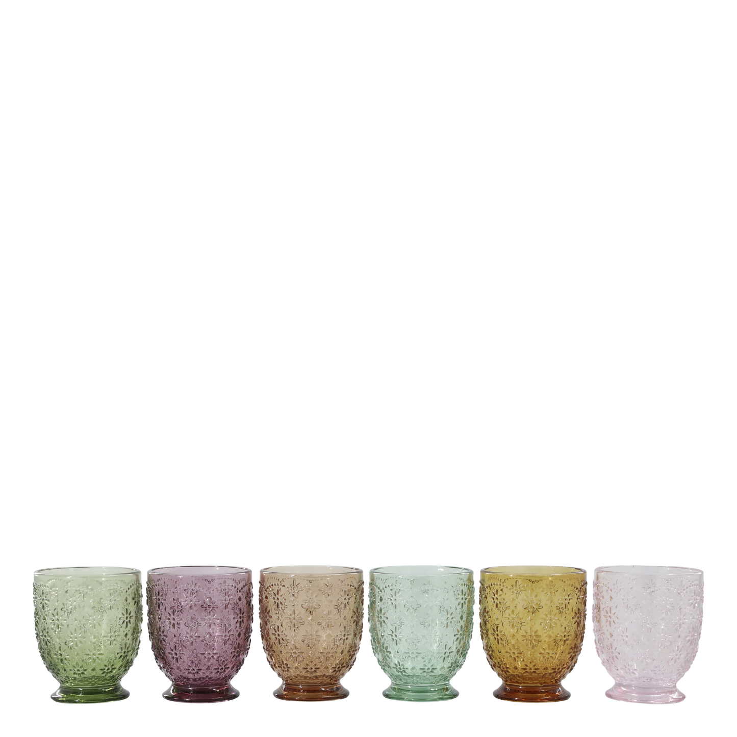 Saint-Émilion Vandglas m. mønster H10/Ø8 cm assorterede farver i designet "Blomst" - Prisen er for 6 glas