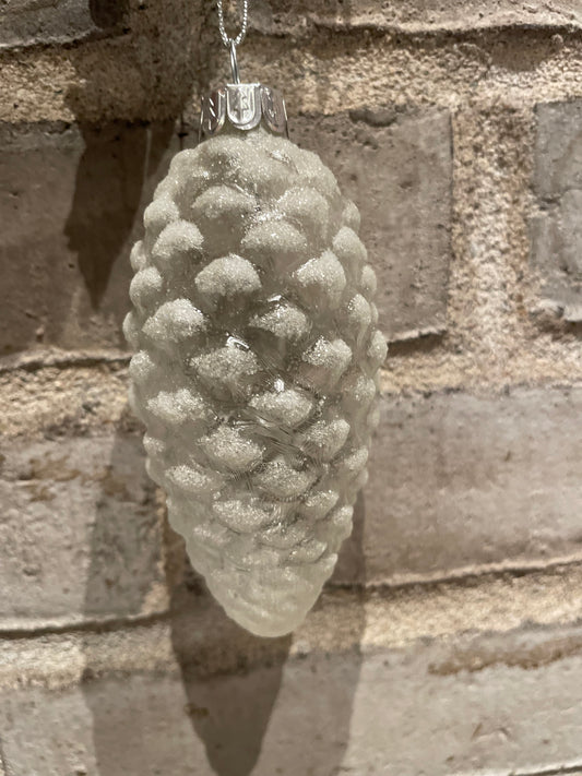 Julekugle glas - kogle hvid frosted