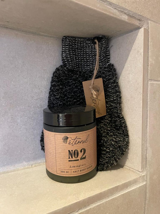 Super tilbud: Bodyscrub med badehandske - Lemongrass eller Jasmin