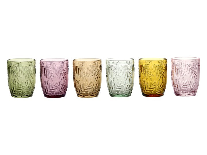 Saint-Émilion Vandglas m. mønster H10/Ø8 cm assorterede farver i designet "Blad" - Prisen er for 6 glas