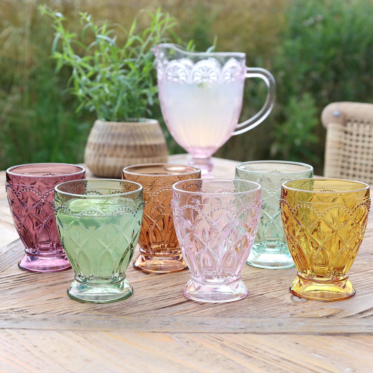 Saint-Émilion Vandglas m. mønster H10/Ø8 cm assorterede farver i designet "Kalejdoskopt" - Prisen er for 6 glas