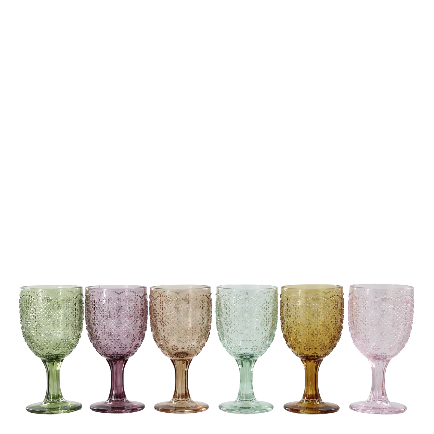 Saint-Émilion Vinglas m. mønster H16/Ø7,5 cm assorterede farver i designet "Blomst". Prisen er for 6 glas
