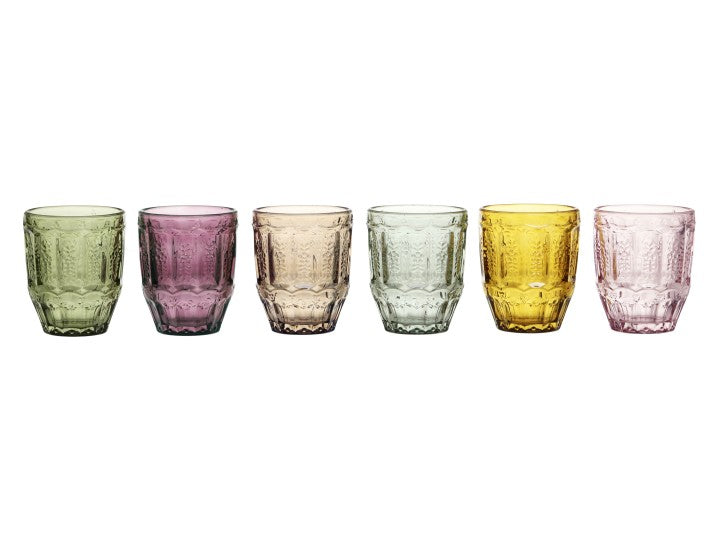 Saint-Émilion Vandglas m. mønster H10/Ø8 cm assorterede farver i designet "Aks" - Prisen er for 6 glas